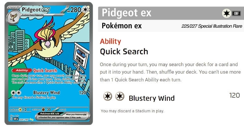 Pidgeot ex - Tìm trong deck một thẻ bài bất kì và cầm lên tay