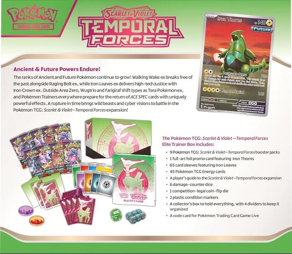 Shop bán thẻ bài Pokemon TCG Scarlet & Violet Temporal Forces Elite Trainer Box Iron Leaves hàng thật chính hãng nhiều thẻ hiếm mạnh bổ sung bộ sưu tập của bạn