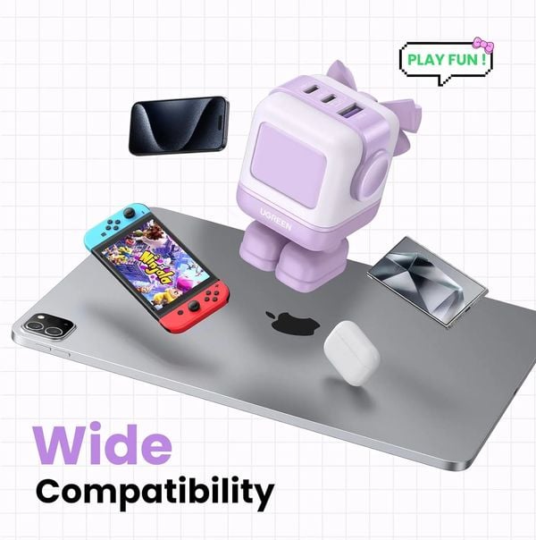 Củ sạc nhanh Nexode RG 65W Robot GaN Mini 3 cổng Type-C x2, Type-A x1 Ugreen CD361 35314 US Purple hỗ trợ sạc cùng lúc nhiều thiết bị di động