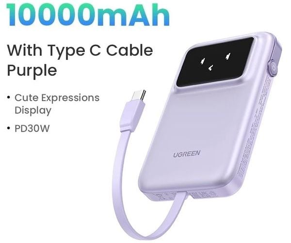 Pin sạc di động 10.000mAh với Cáp USB-C Tích Hợp Ugreen PB511 35604B Tím chính hãng, dung lượng cao, sạc nhanh tại nShop