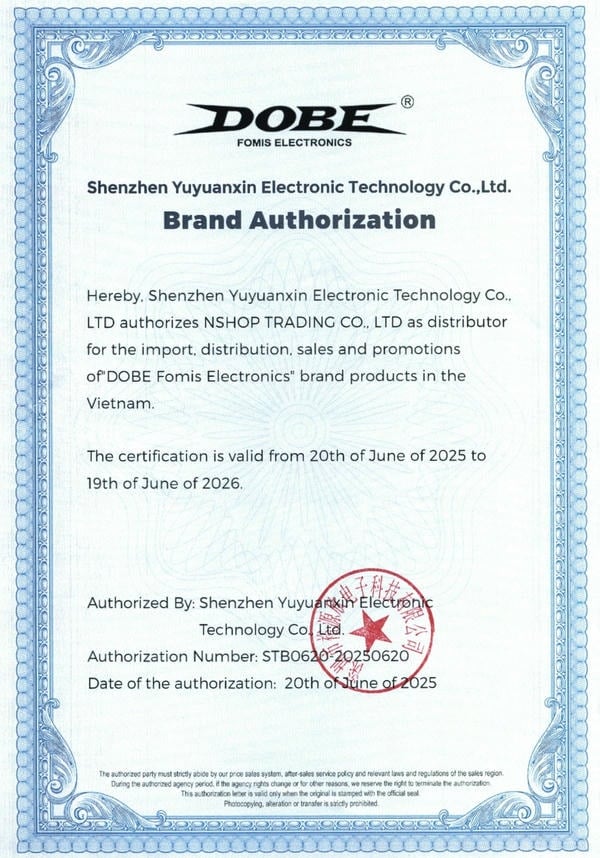 Giấy chứng nhận nShop tổng đại lý phân phối DOBE chính hãng tại Việt Nam Brand Authorization