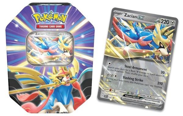Hộp thiếc Pokemon TCG Slashing Legends Tin 4 Pack Zacian ex với thẻ bài độc đáo, nâng cao trải nghiệm chơi TCG