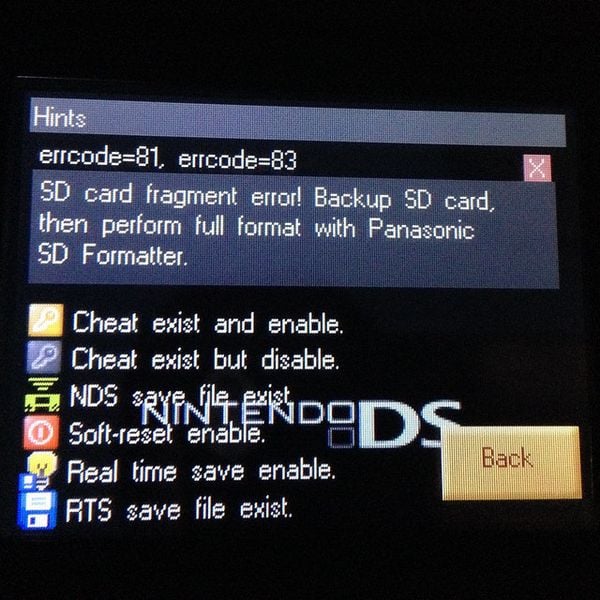 Error R4i playing game DS backup SD Card format