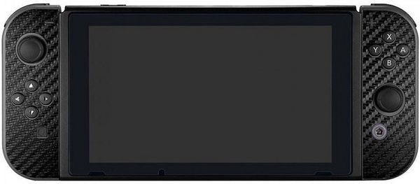 The front of the Nintendo Switch after sticking with carbon-textured skin
