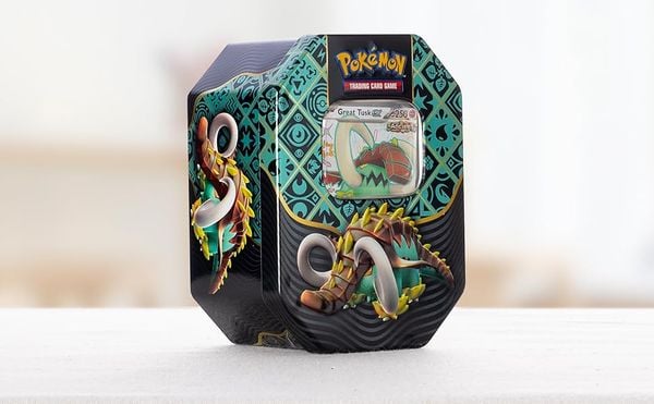 Thẻ bài Pokemon TCG Paldean Fates Tin Shiny Great Tusk ex hàng thật chính hãng giấy in đẹp mắt lấp lánh mua sưu tầm bổ sung bộ bài