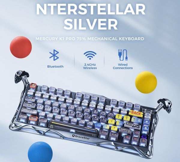 Mercury K1 Pro 75% Wireless Mechanical Gaming Keyboard Interstellar Silver bàn phím cơ GravaStar có layout 75%, LED RGB rực rỡ
