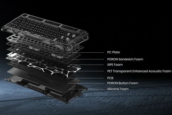 Bàn phím cơ GravaStar Mercury K1 Lite Transparent Black  nổi bật trên bàn làm việc, hiện đại với ánh sáng RGB