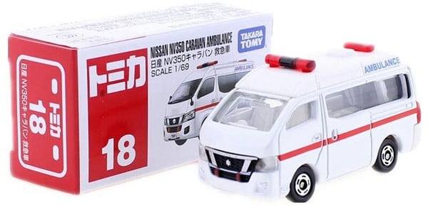 A xe đồ chơi Takara Tomy Tomica No. 18 Nissan Nv350 Caravan Ambulance có thể mở cửa