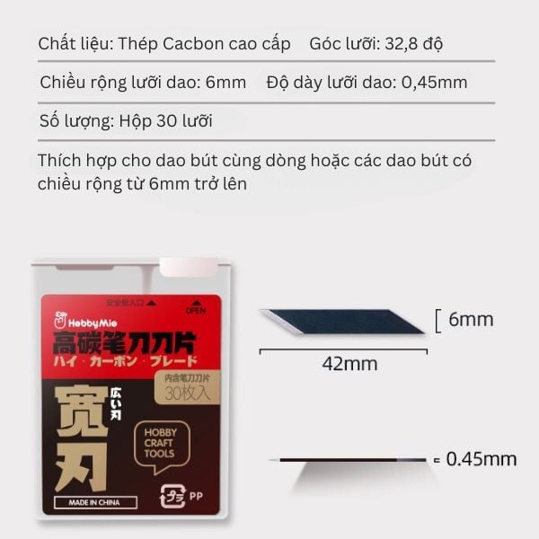 Thông số kĩ thuật Dao gọt mô hình kèm 30 lưỡi 6mm Hobby Mio HMK-03