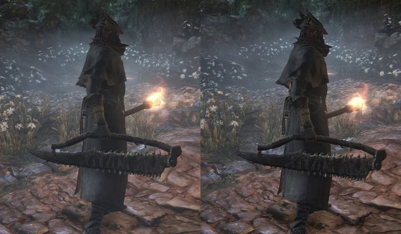 Từ trái qua phải - chơi Bloodborne trên PS5, Bloodborne trên PS5 Pro đã bật cải tiến hình ảnh PS4.