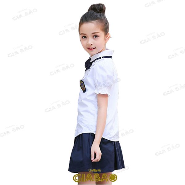 Mẫu đồng phục học sinh tiểu học quốc tế sơ mi trắng váy, quần tím than