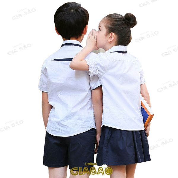 Mẫu đồng phục học sinh tiểu học quốc tế sơ mi trắng váy, quần tím than