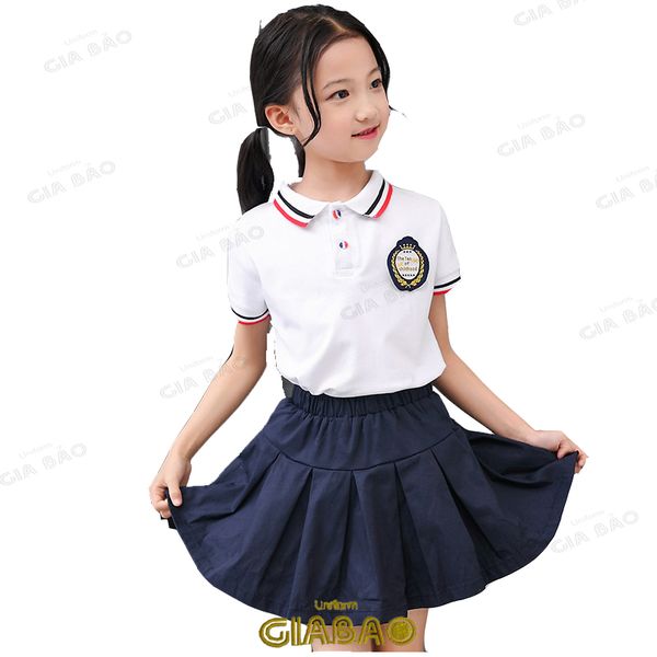 Mẫu đồng phục học sinh tiểu học quốc tế sơ mi trắng váy, quần tím than