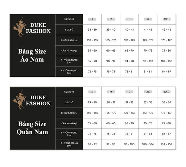 Bảng Size Thông Số Áo Quần Duke Fashion