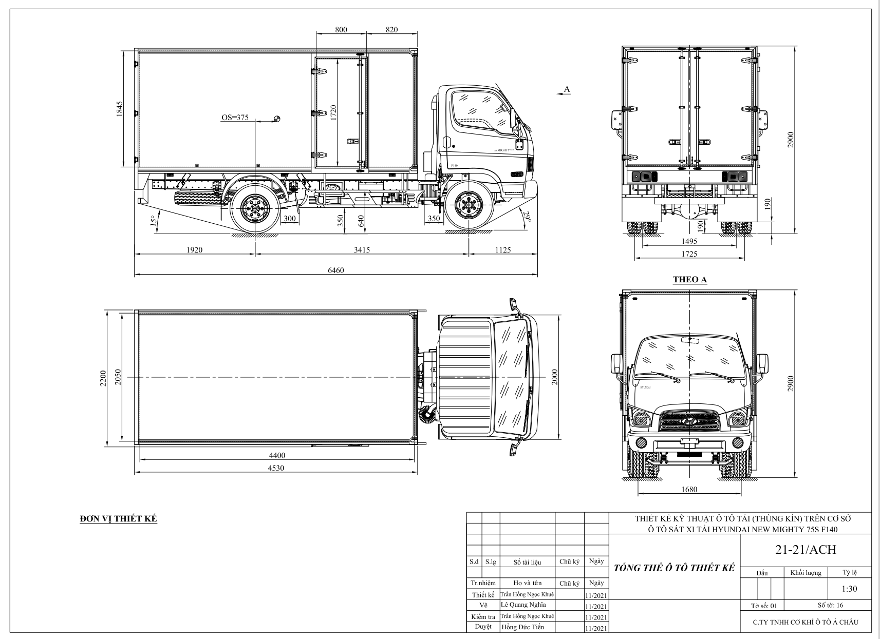 Bản vẽ thùng kín xe Hyundai Mighty 75S 3.5 tấn