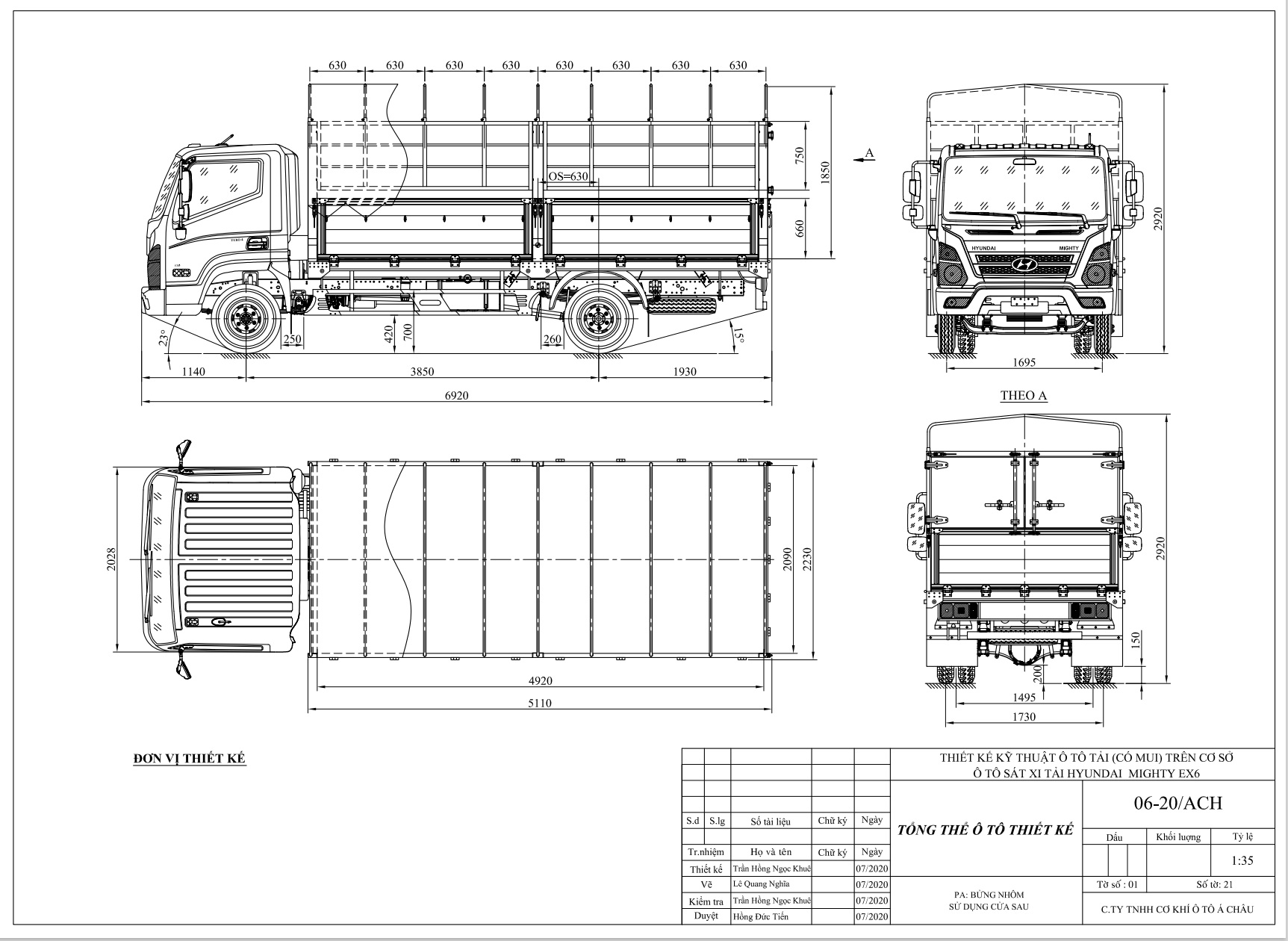 bản vẽ thùng bạt xe tải Hyundai Ex6 5 tấn