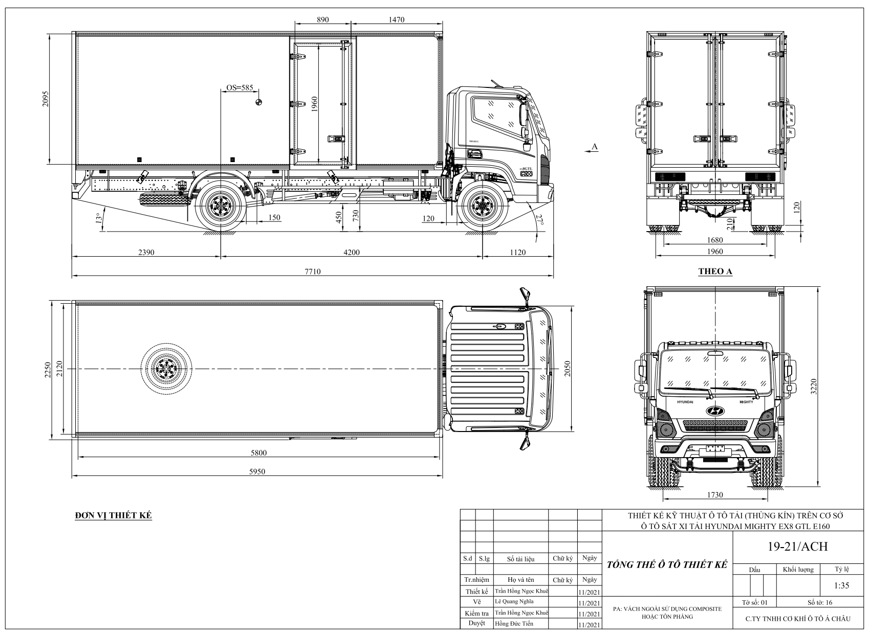 bản vẽ thùng kín xe tải Hyundai Ex8 GTL 7.2 tấn