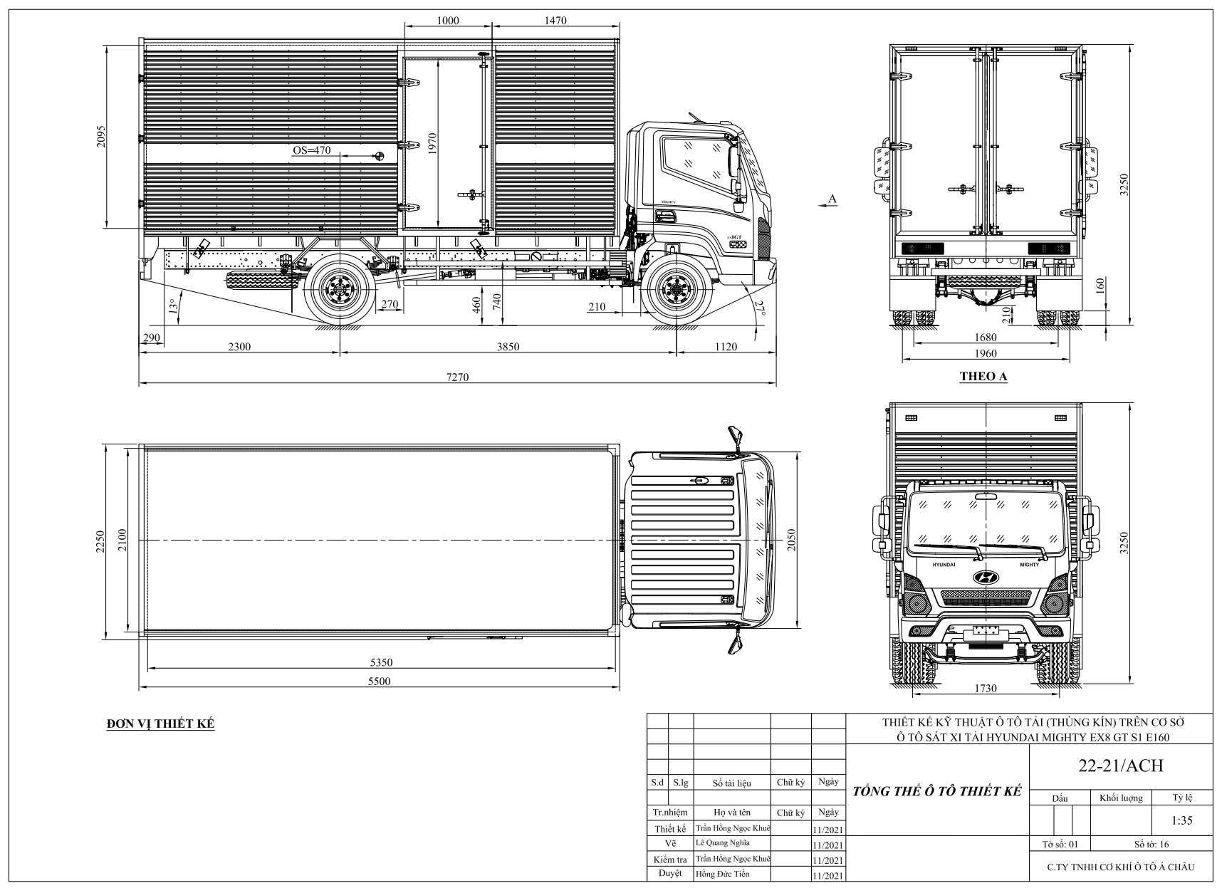 Bản vẽ thùng kín xe tải Hyundai Ex8 GTS1 6,5 tấn