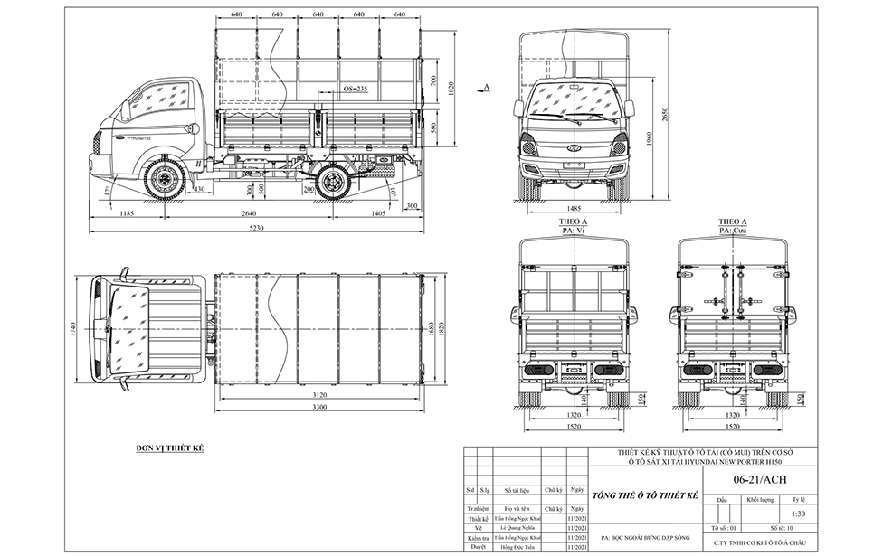Bản vẽ xe tải Hyundai New Porter H150 1.5 tấn thùng bạt 5 bửng