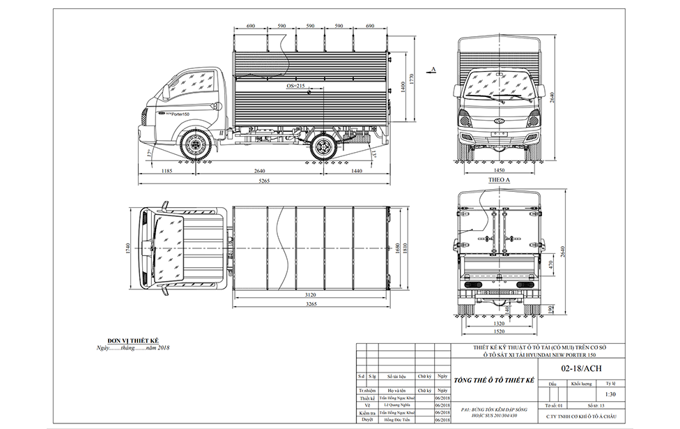 Bản vẽ xe tải Hyundai New Porter H150 1.5 tấn thùng bạt