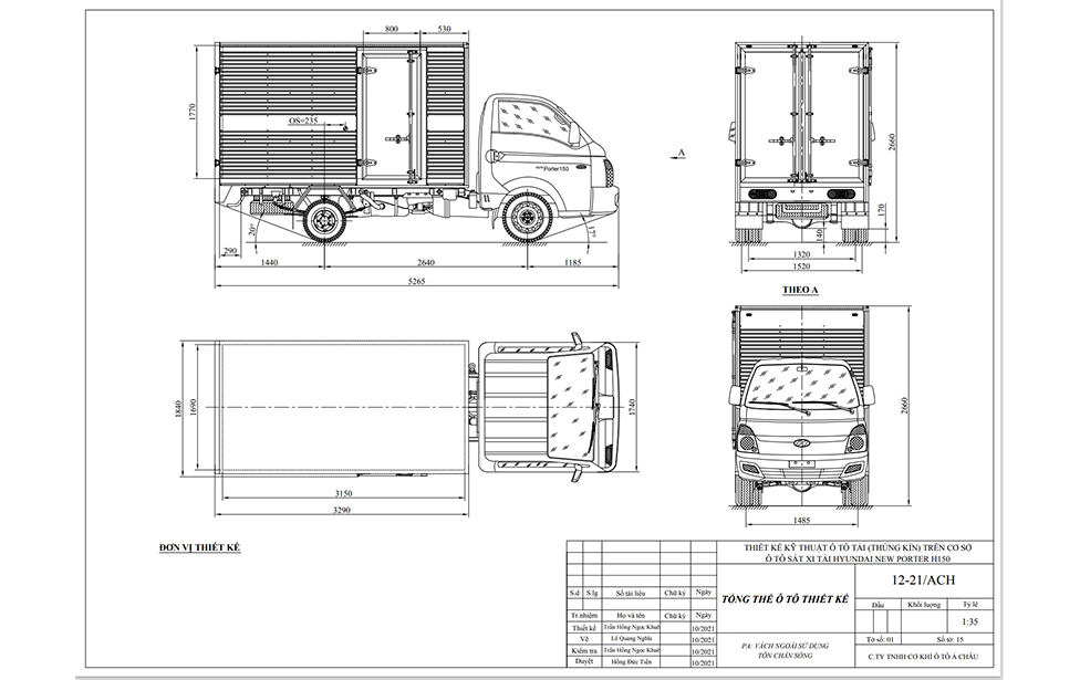 bản vẽ thùng kín xe Hyundai New Porter H150 1.5 tấn