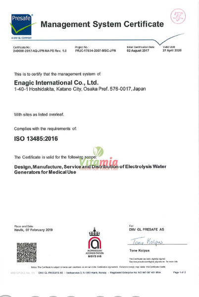Chứng nhận ISO13485 máy lọc nước Kangen