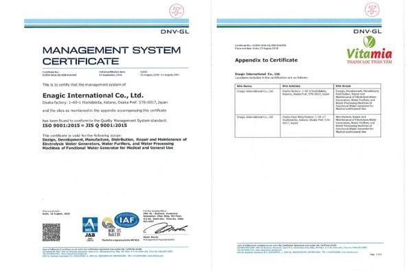 Chứng nhận ISO9001 máy lọc nước Kangen