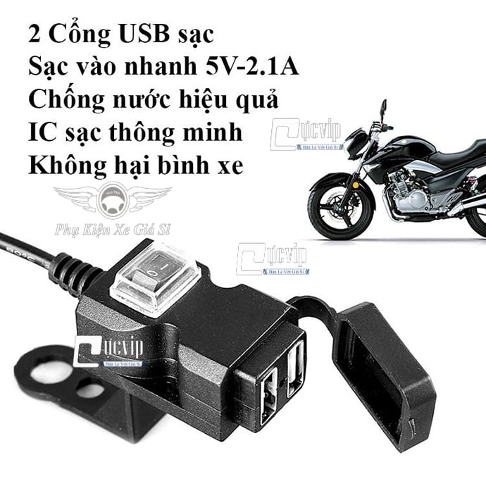 Sạc Điện Thoại Trên Xe Máy 2 Cổng USB, Nắp Chống Nước, Loại Cao Cấp Có Adapter MS3162