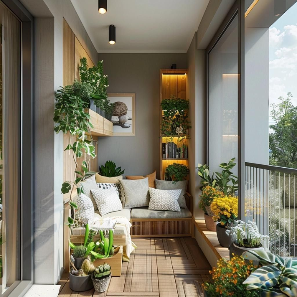 ban công chill với ghế mây và cây xanh nhỏ gọn