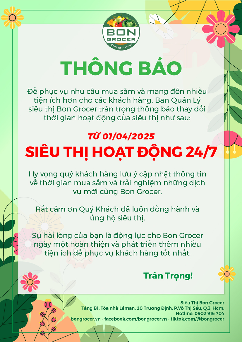 THÔNG BÁO THAY ĐỔI THỜI GIAN HOẠT ĐỘNG CỦA SIÊU THỊ BON GROCER