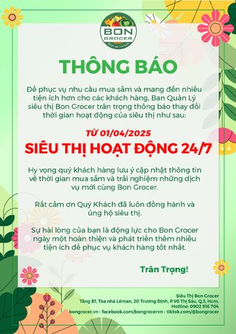 THÔNG BÁO THAY ĐỔI THỜI GIAN HOẠT ĐỘNG CỦA SIÊU THỊ BON GROCER