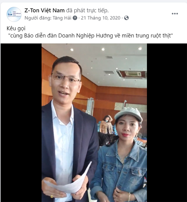 Giám đốc điều hành Z-Ton Việt Nam cùng đại diện báo Diễn đàn doanh nghiệp trong buổi Livestream kêu gọi ủng hộ miền Trung.