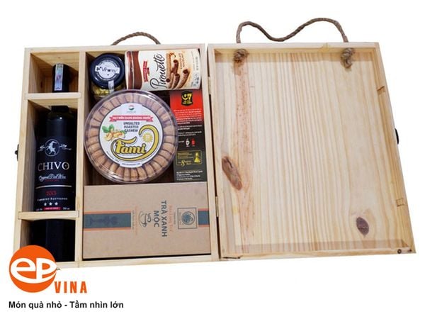 hộp rượu vang biếu tết bằng gỗ