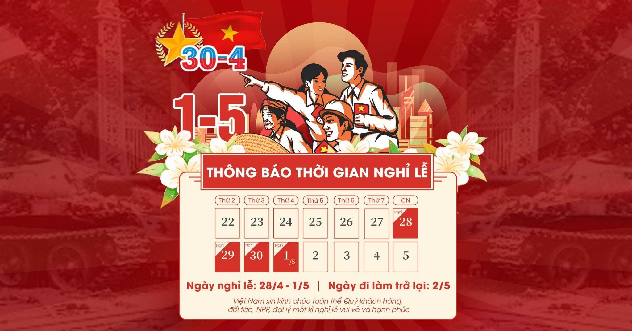 MASUTO THÔNG BÁO THỜI GIAN NGHỈ LỄ 30/4-1/5/2024