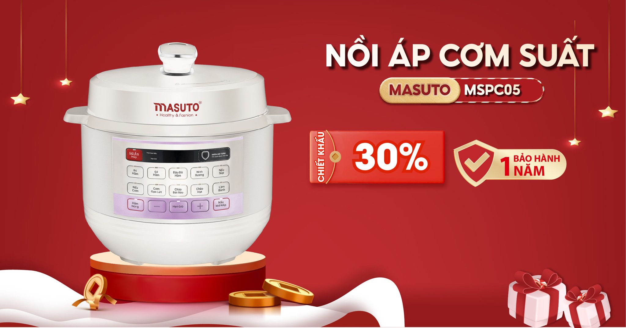 Nồi cơm áp suất 5L Masuto MSPC05 - 10 chức năng nấu, chế độ nấu mở nắp riêng biệt