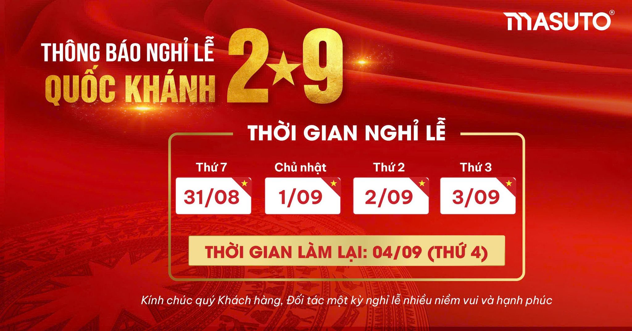 Masuto Thông Báo Thời Gian Nghỉ Lễ Quốc Khánh 2/9/2024