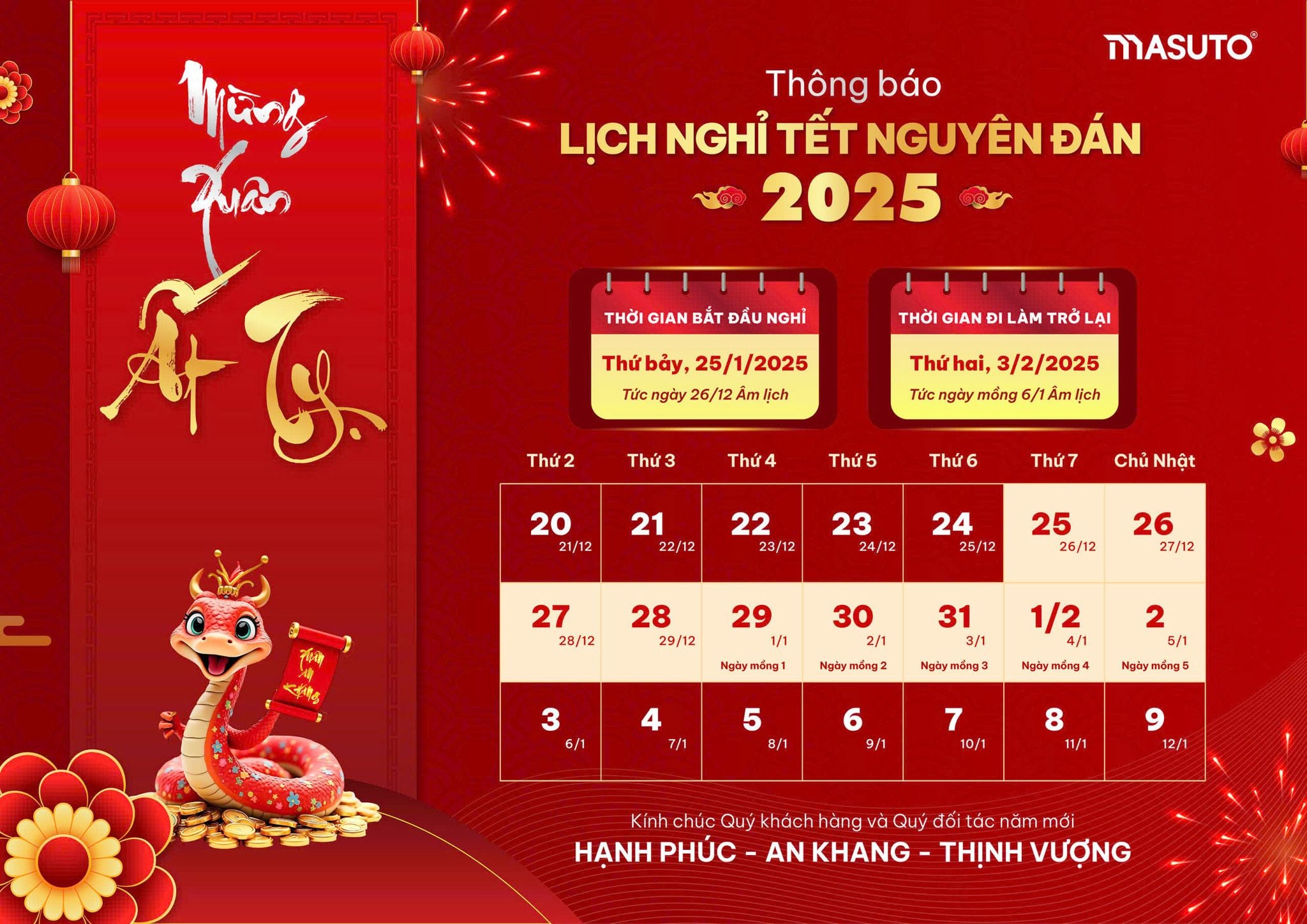 MASUTO THÔNG BÁO LỊCH NGHỈ TẾT NGUYÊN ĐÁN 2025
