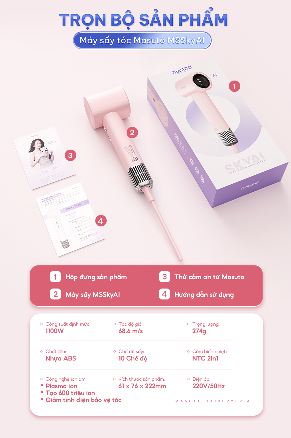 Máy sấy tóc ion âm Masuto SkyAI – Cảm biến AI bảo vệ da đầu 25