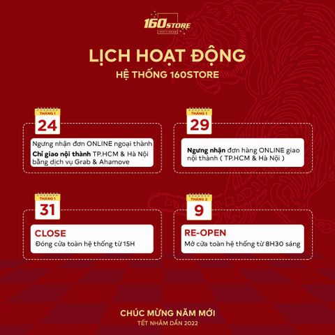 Thông báo về Lịch hoạt động Tết Nhâm Dần 2022 160STORE
