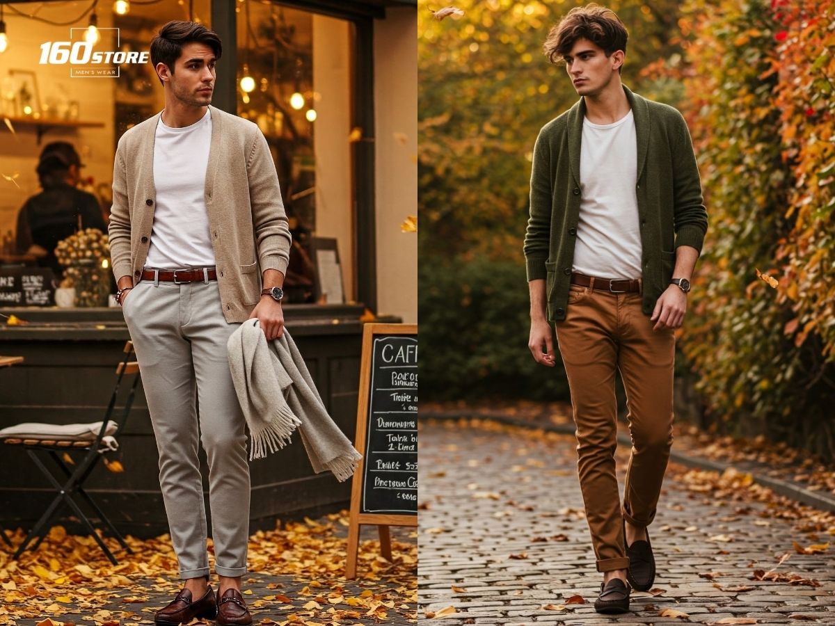 Ấm áp với áo cardigan, quần chinos và giày lười