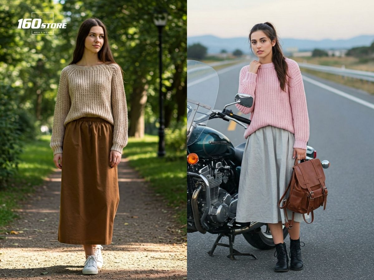 Áo sweater, chân váy dài và giày thể thao