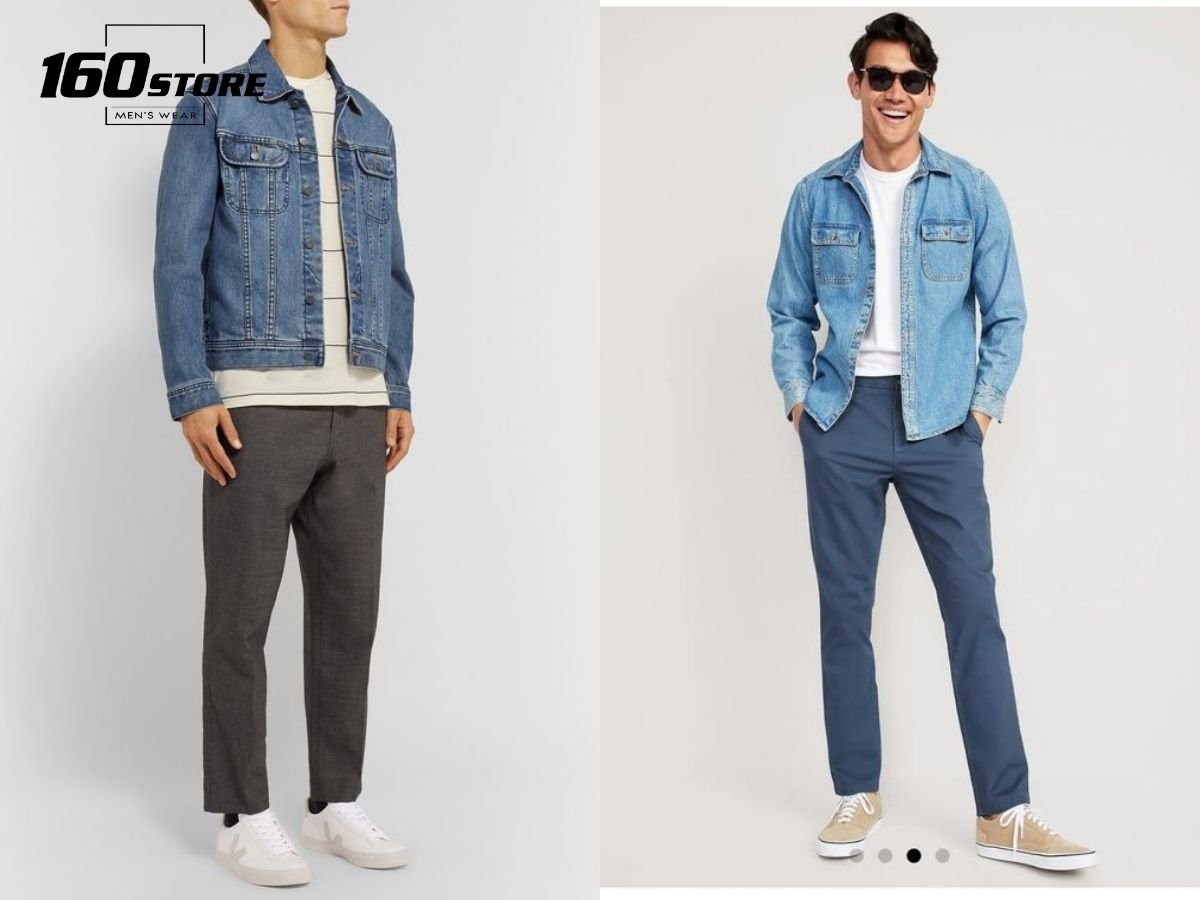 Áo khoác denim bụi bặm phối với quần tây và sneaker trẻ trung