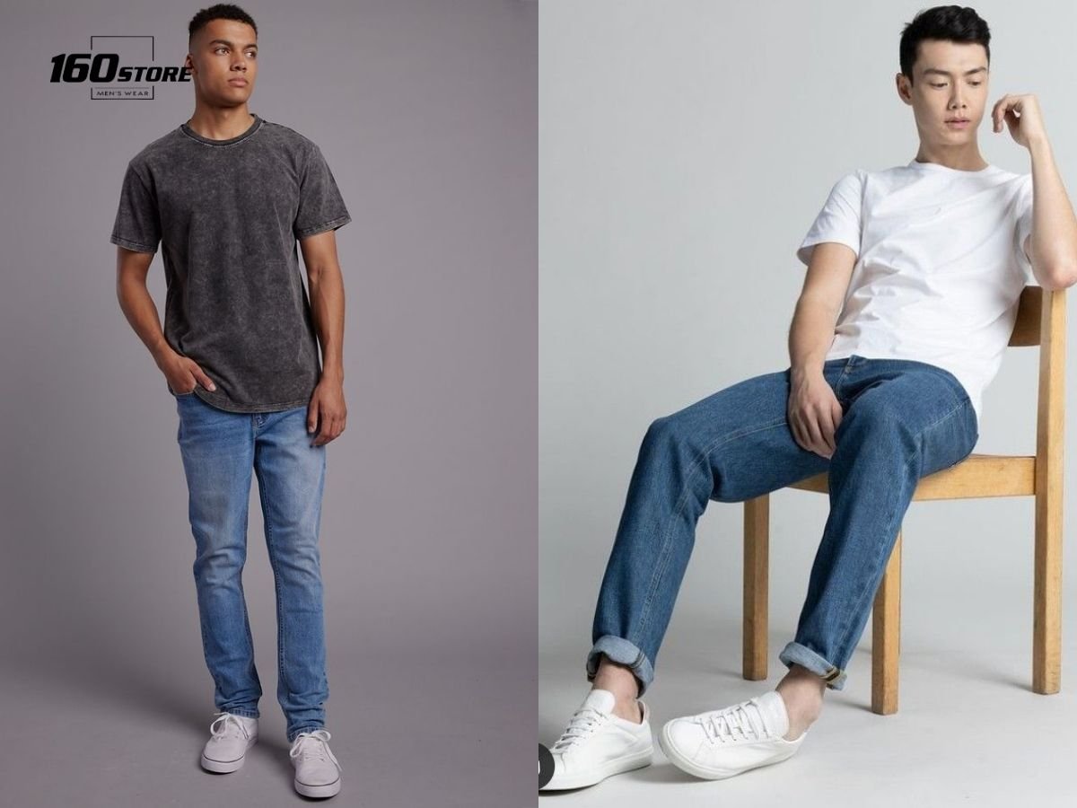 Nam cao 1m65 mặc áo thun trơn basic với quần jeans