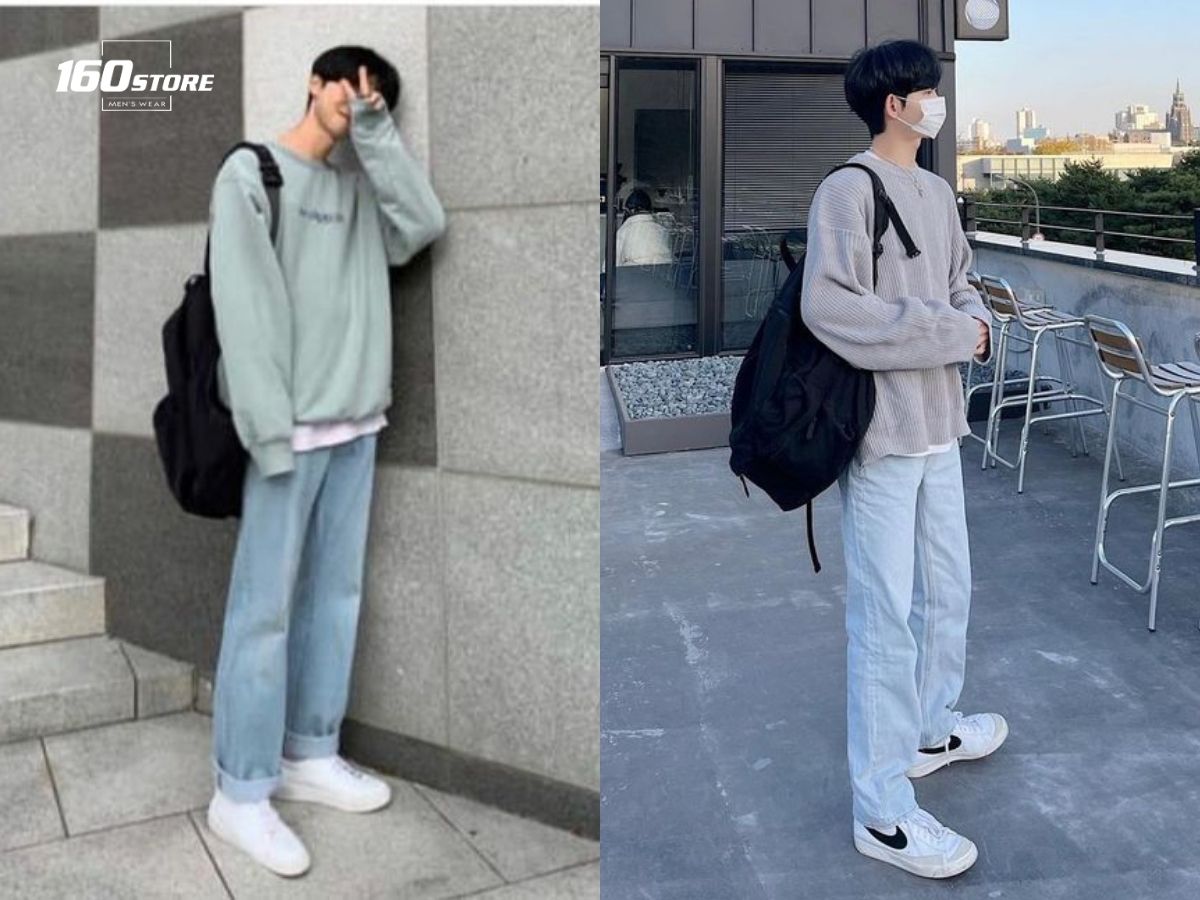 Phối đồ trang phục nam sinh cấp 3 áo sweater và quần baggy jeans