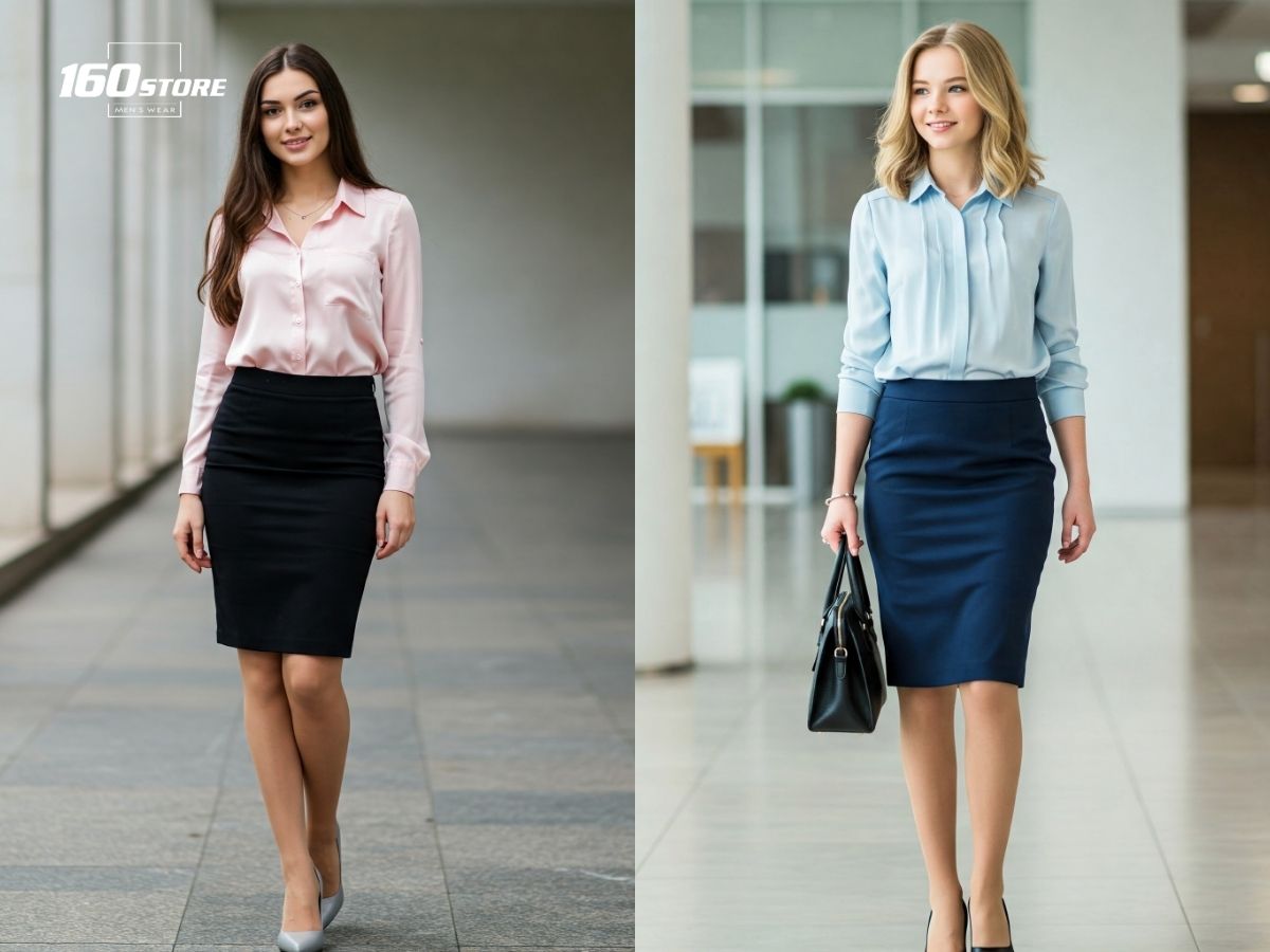 Phối váy bút chì, blouse lụa với giày cao gót thấp