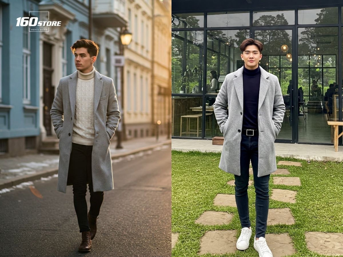 Áo khoác dạ, áo len cổ lọ và quần skinny jeans