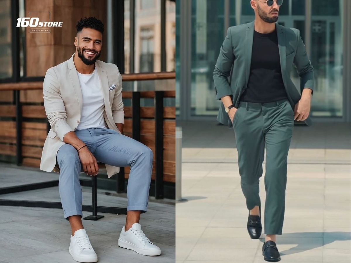 Nam 70kg phối áo khoác blazer với áo thun và quần tây