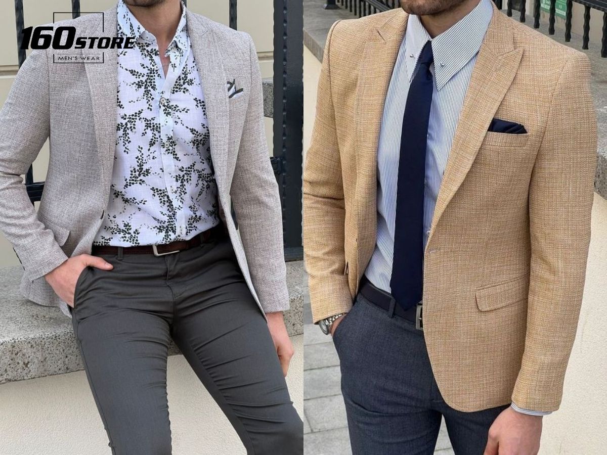 Bộ ba quần tây ghi đậm, blazer và áo sơ mi tạo ra vẻ ngoài chỉn chu, lịch lãm