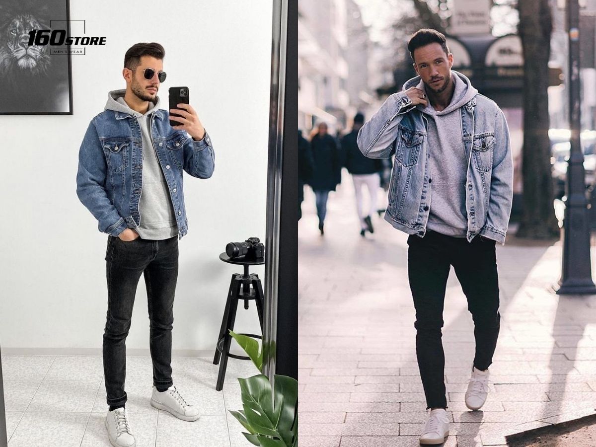 Phối đồ nam ngầu với áo khoác denim và áo hoodie