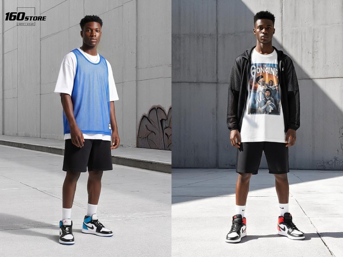 Áo thun oversized phối áo lưới thể thao khoác ngoài